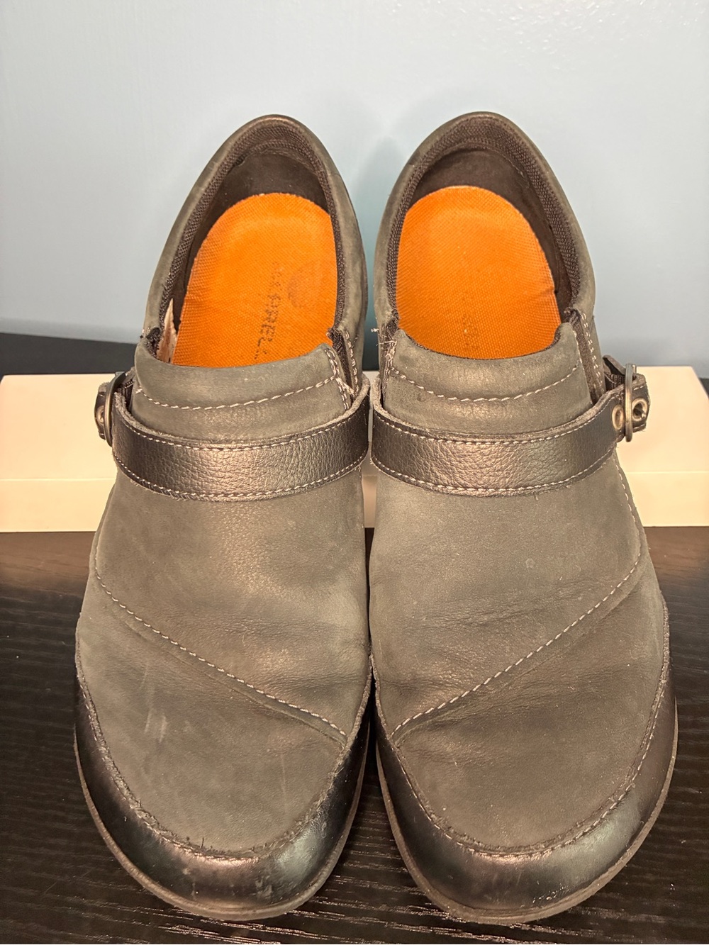 Merrell Women's Gray Slip-On Mules with Orange Insoles